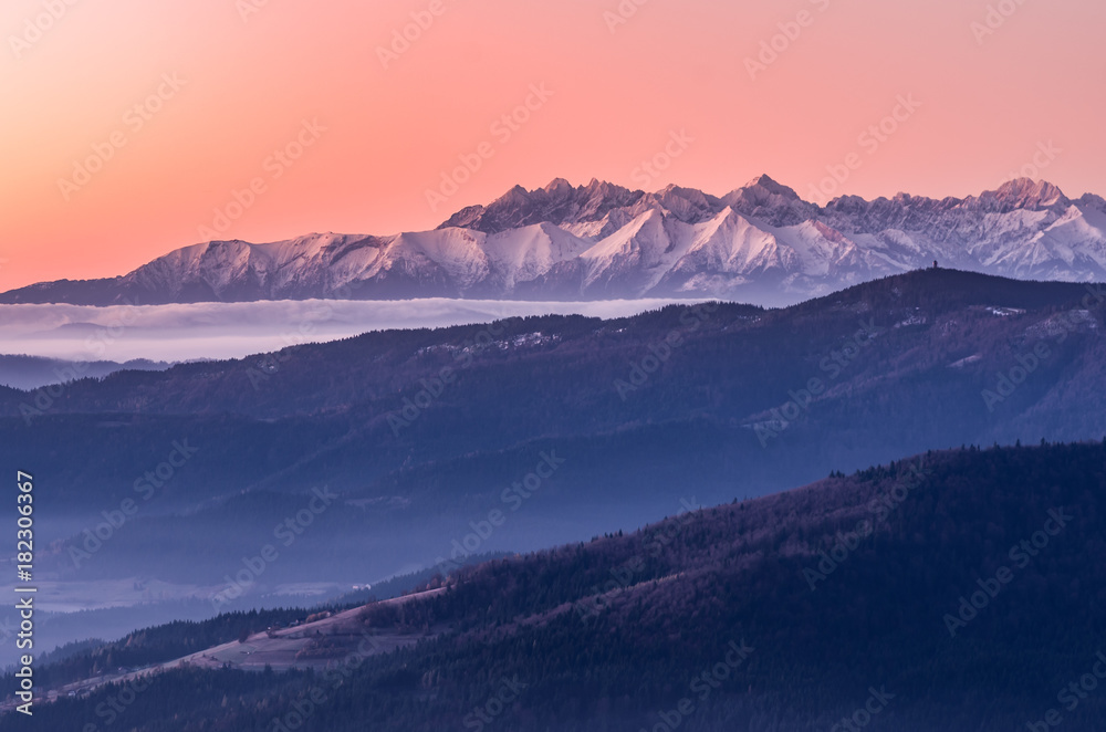 panorama over misty Gorce to snowy Tatra mountains in the morning, Poland landscape panorama over misty Gorce to snowy Tatra mountains in the morning, Poland landscape
