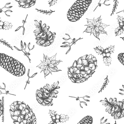 Seamless decorative pattern with Christmas and New Year's attributes. Hand drawn winter holidays elements. great for design wrapping paper.