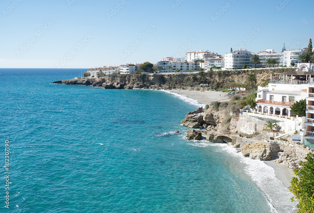 A view from Balcon de Europa (Balcony of Europe) in Nerja, Malaga province, Andalusia, Spain.