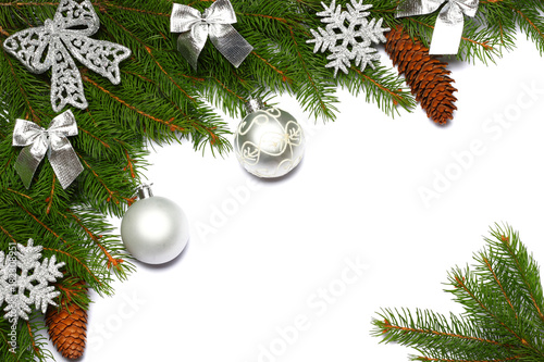 Christmas background. Top view with copy space. fir tree with cone isolated on white background