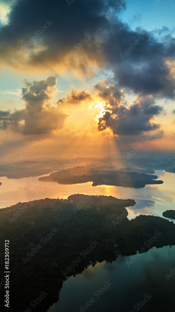 aerial shot of islands in tropical lake at sunrise sri lanka