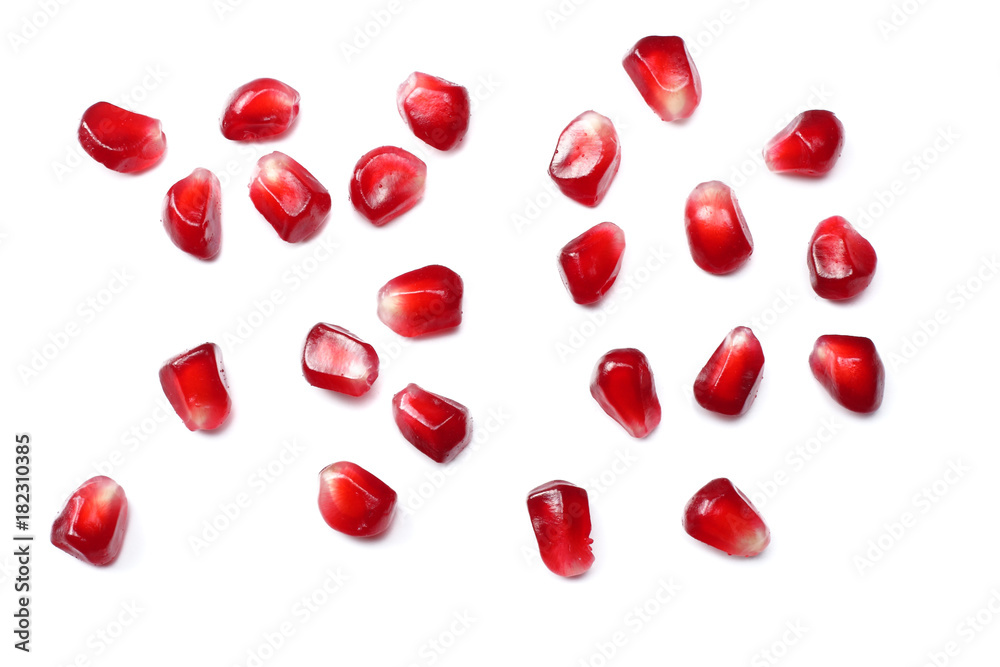pomegranate seeds isolated on white background. top view. pomegranate berries. pomegranate seeds isolated on white background. top view. pomegranate berries.