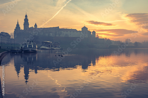 Krakow, Poland, Wawel Castle and Wawel cathedral in the morning over Vistula river 