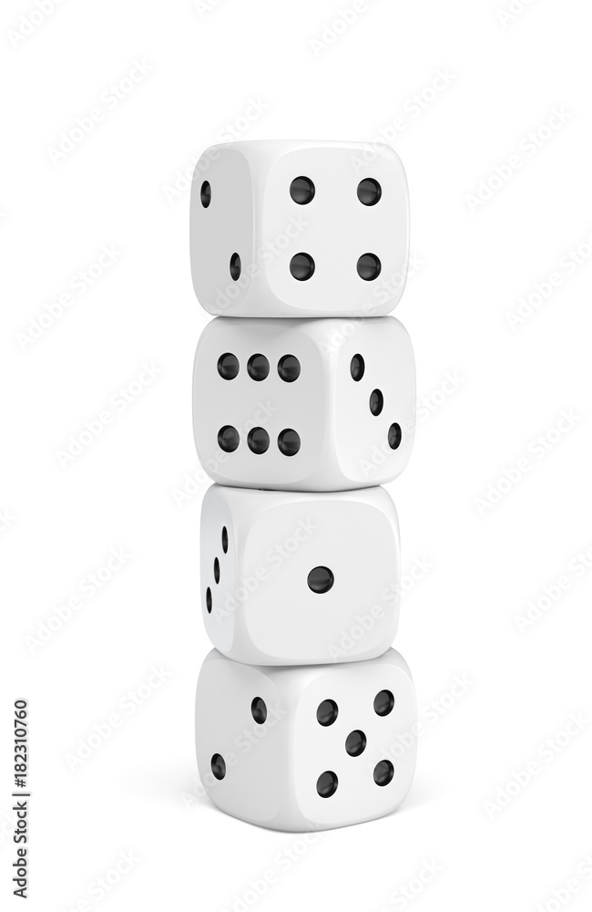 3d rendering of white dice with white pips standing vertically on a white background. 3d rendering of white dice with white pips standing vertically on a white background.