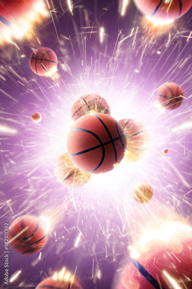 Basketball balls with fire sparks in action