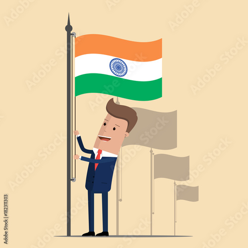 Man in suit, businessman raising waving flag of India. Vector illustration