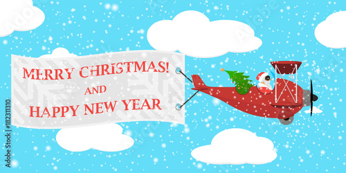 Santa Claus is flying by plane with banner Merry Christmas and Happy New Year. Vector illustration