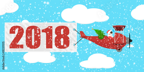 Santa Claus is flying by plane with banner 2018. Vector illustration