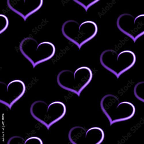 Purple hearts fading, seamless pattern, black vector background.