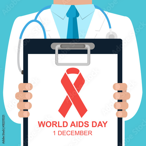 Doctor holding a clipboard with text World Aids Day and red ribbon. World Aids Day concept. Vector illustration