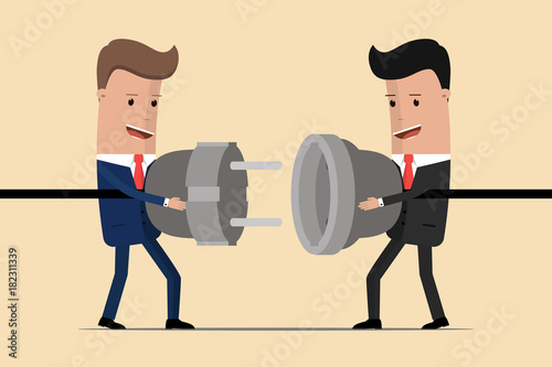 Businessmen connecting hold plug and outlet in hands. Cooperation interaction. Partnership. Business connection concept. Vector illustration