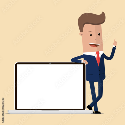 Businessman is standing next to a laptop. Vector illustration