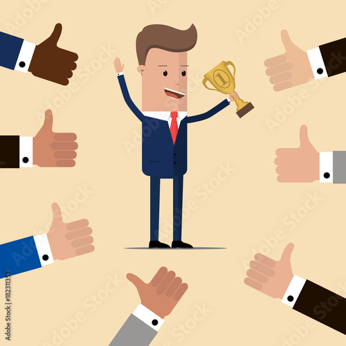Businessman  is holding a golden cup and smiling . Vector illustration