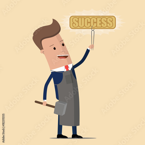 Businessman in an apron holds his success over his head SUCCESS. Vector Illustration