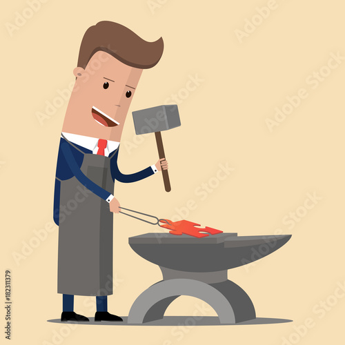 A businessman in an apron forges a piece of the puzzle. Solution. Vector Illustration