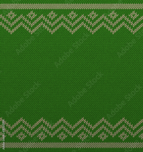 Knit christmas geometric background space for text. Realistic xmas horizontal seamless vector pattern. Knitted winter green sweater texture. Traditional Fair Isle Style ornament. New Year Design.