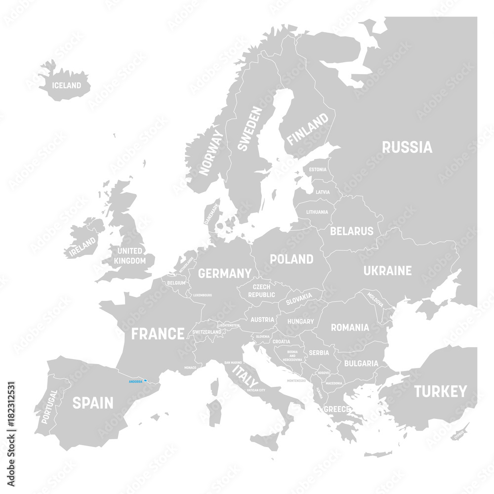 Fototapeta premium Andorra marked by blue in grey political map of Europe. Vector illustration.