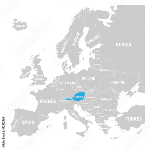 Austria marked by blue in grey political map of Europe. Vector illustration.