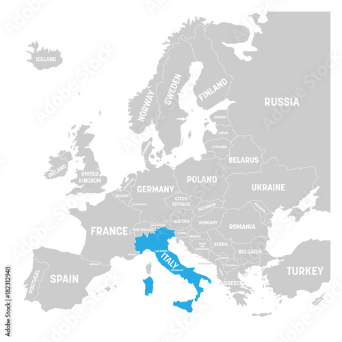 Italy marked by blue in grey political map of Europe. Vector illustration.