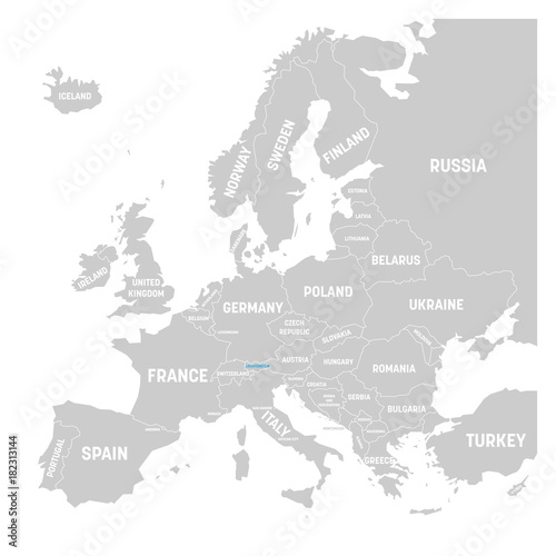 Liechtenstein marked by blue in grey political map of Europe. Vector illustration.