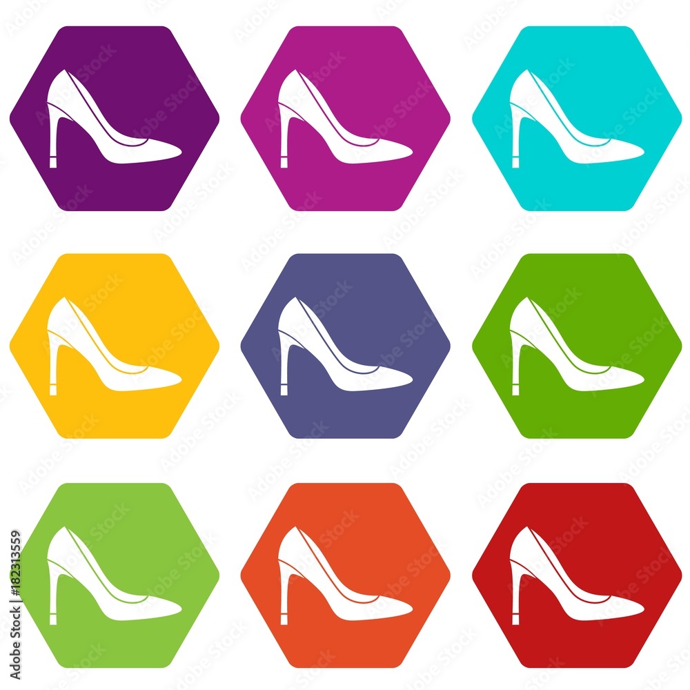 High heel shoe icon set color hexahedron