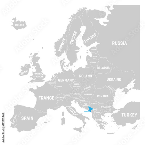 Montenegro marked by blue in grey political map of Europe. Vector illustration.