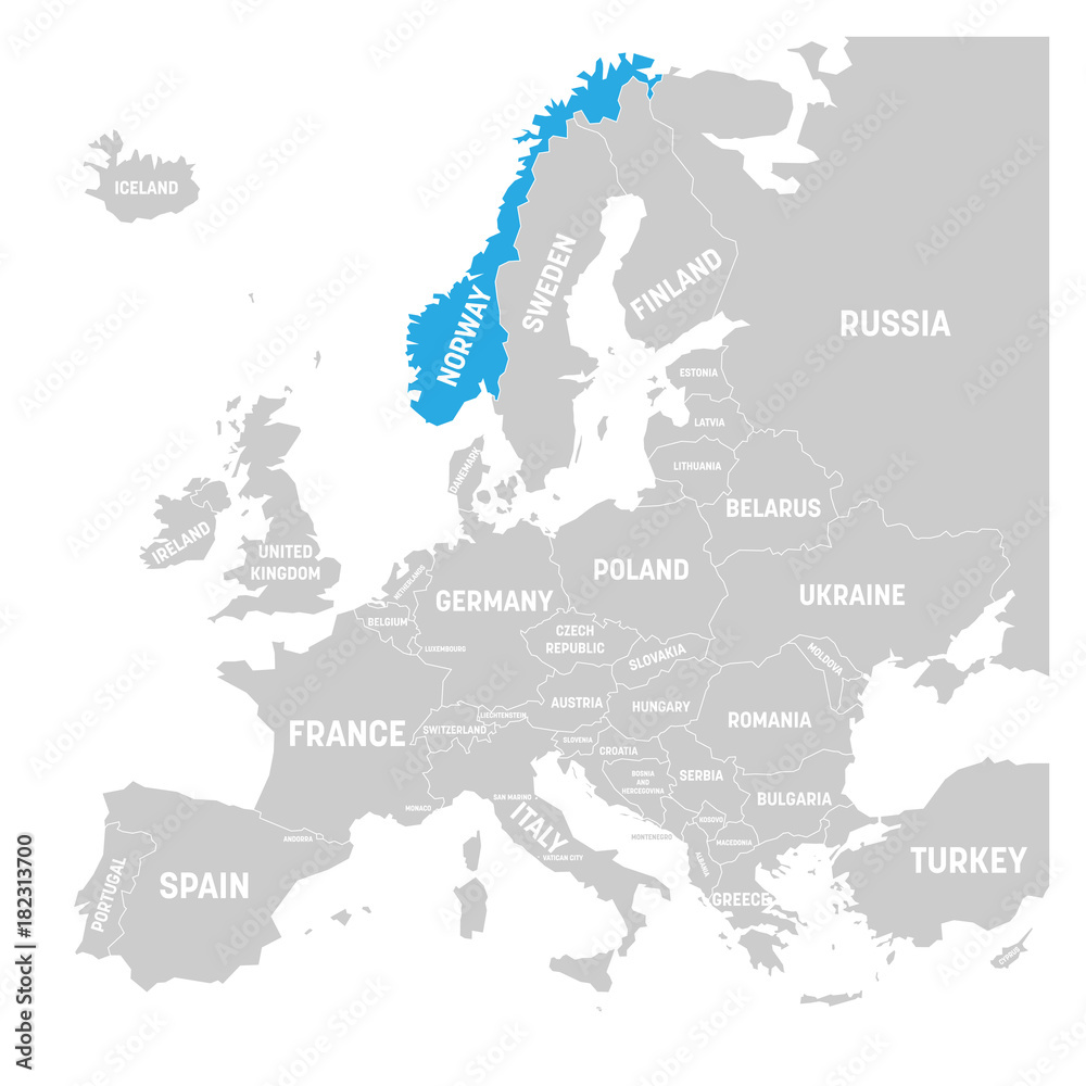 Norway marked by blue in grey political map of Europe. Vector illustration.