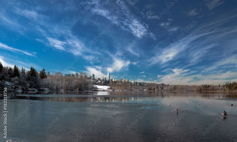 Winter landscape on the Deer Lake, snow-covered trees and shrubs on the lake shore against a beautiful blue sky with white clouds and of Burnaby City.