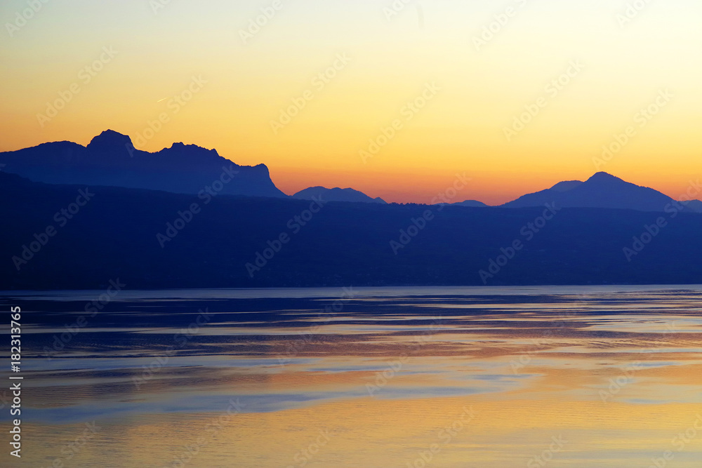 Sunset light over Lake Geneva, Canton of Vaud, Switzerland