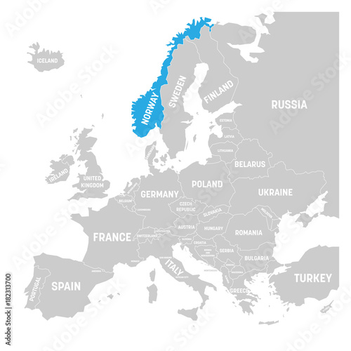 Norway marked by blue in grey political map of Europe. Vector illustration.