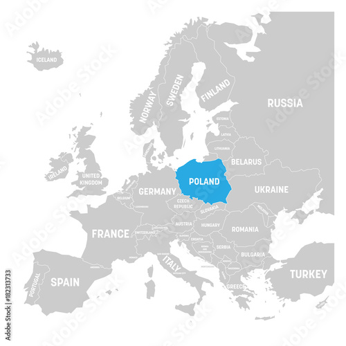 Poland marked by blue in grey political map of Europe. Vector illustration.