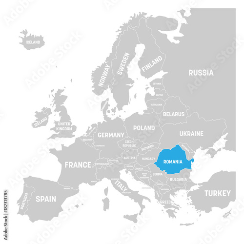 Romania marked by blue in grey political map of Europe. Vector illustration.