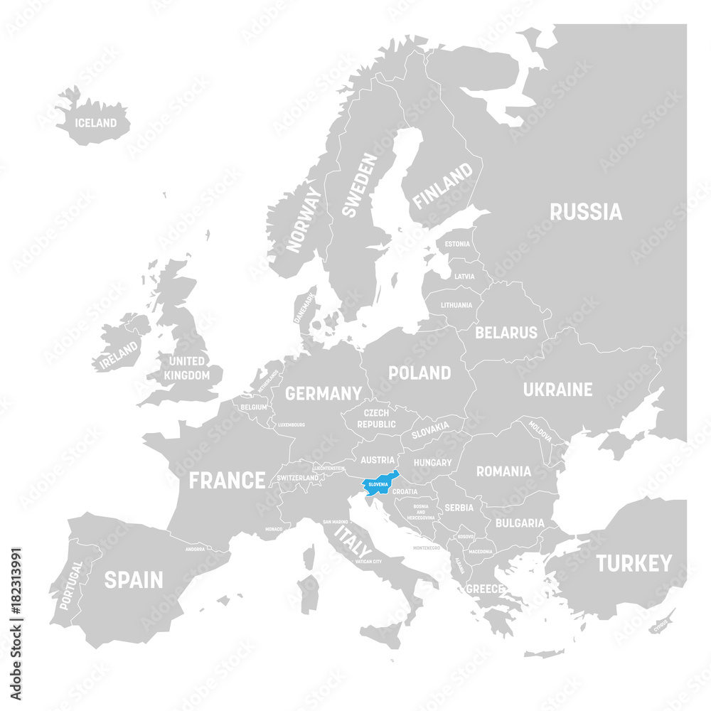Slovenia marked by blue in grey political map of Europe. Vector illustration.