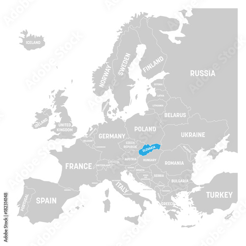 Slovakia marked by blue in grey political map of Europe. Vector illustration.