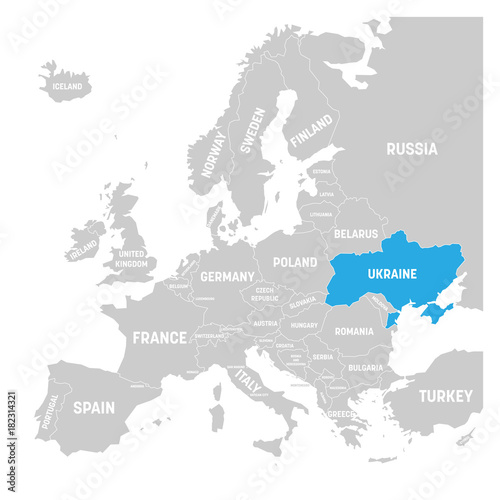 Ukraine marked by blue in grey political map of Europe. Vector illustration.