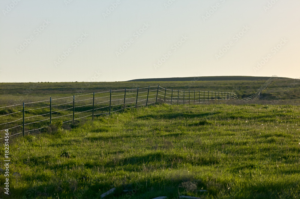 Fototapeta premium Rural landscape with a fence on a green hill