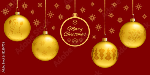Rectangle Christmas card or horizontal banner. 3d golden balls on a classic red background. Flat greeting and stars on the background. Vector illustration