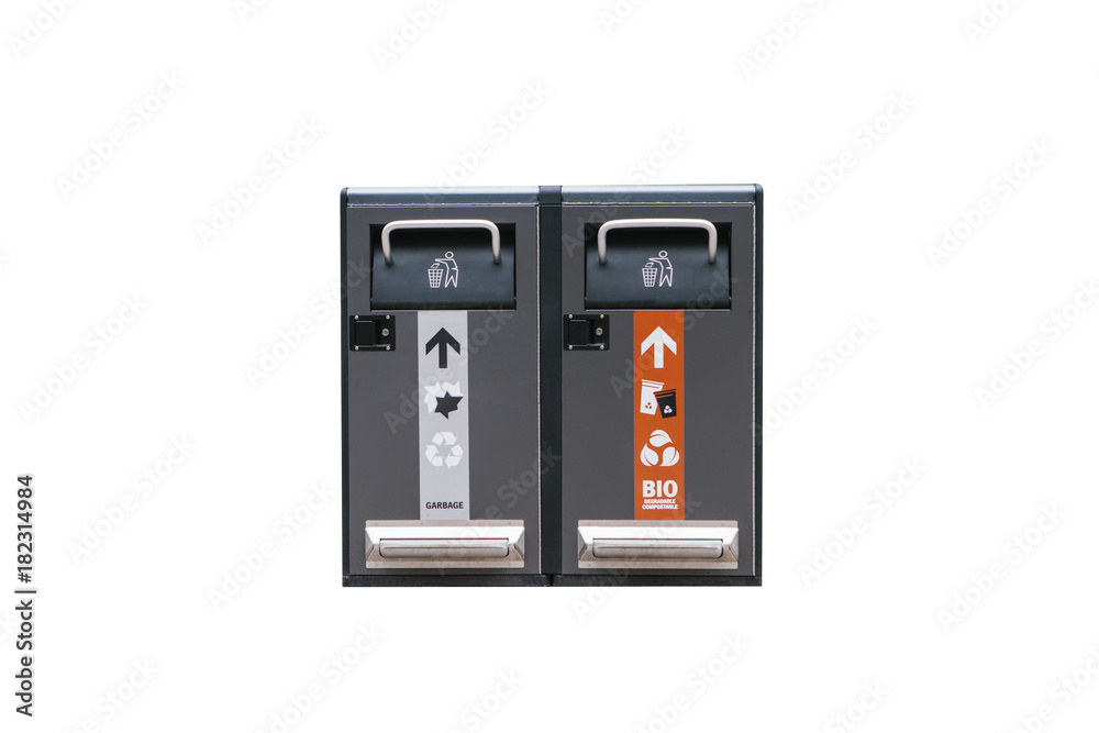 Modern smart bins isolated on white background. Waste collection. Separate collection of garbage and biodegradable waste. Modern smart bins isolated on white background. Waste collection. Separate collection of garbage and biodegradable waste.