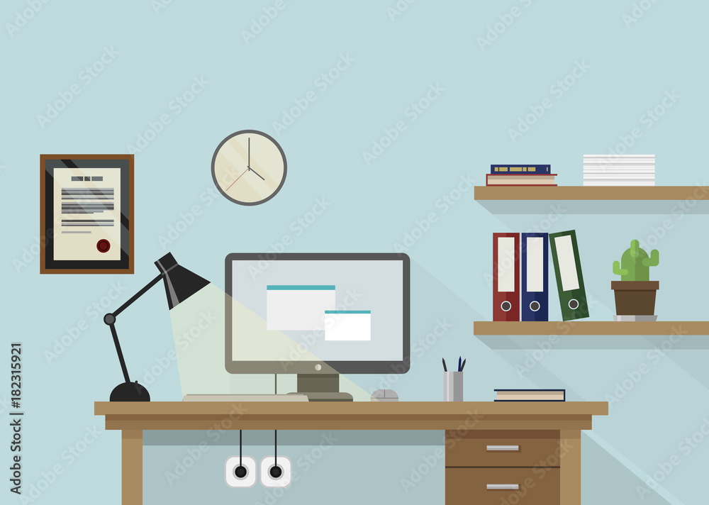 Flat vector workplace illustration with monitor, lamp, shelves with books and plant and clock on wall Flat vector workplace illustration with monitor, lamp, shelves with books and plant and clock on wall