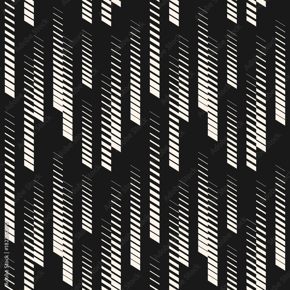 Abstract geometric seamless pattern with vertical halftone lines, tracks, stripes. Extreme sport style illustration, hipster fashion design. Monochrome graphic texture, black and white.