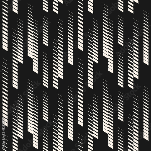 Abstract geometric seamless pattern with vertical halftone lines, tracks, stripes. Extreme sport style illustration, hipster fashion design. Monochrome graphic texture, black and white.