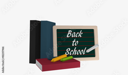 Schiefertafel mit dem Text Back to School, Büchern und bunter Kreide