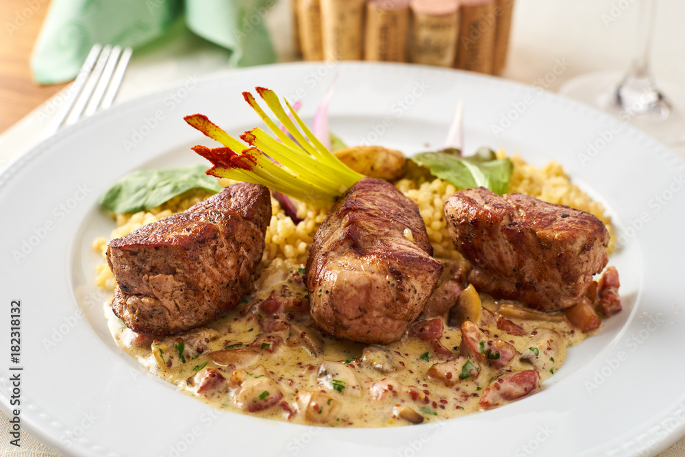 Roasted pork with dijoni ragout and bulgur Roasted pork with dijoni ragout and bulgur