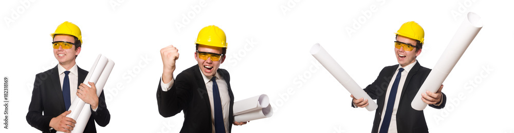 Funny architect with drawings on white Funny architect with drawings on white