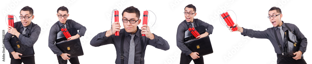 Businessman with dynamite isolated on white Businessman with dynamite isolated on white