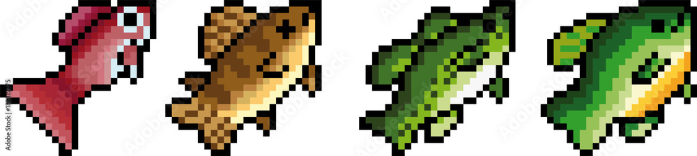 Set of pixel fish