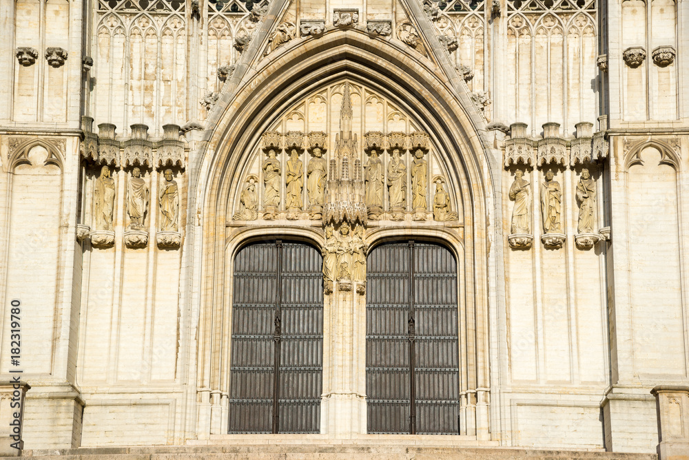 Facade of the Cathedral of St. Michael and St. Gudula in Brussels, Belgium