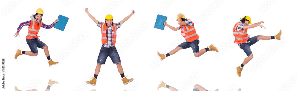Running young builder with toolbox isolated on white Running young builder with toolbox isolated on white