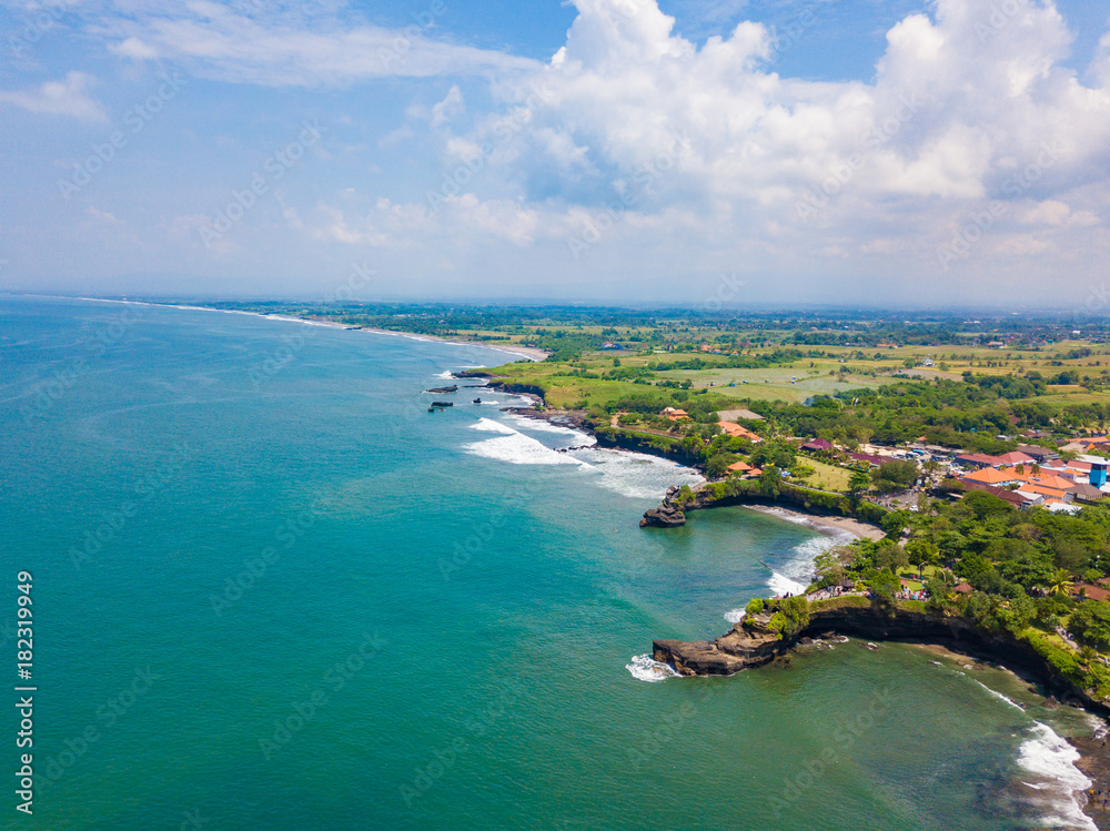 Beautiful aerial view of the sea landscape near Tanah lot temple, Bali island, Indonesia.