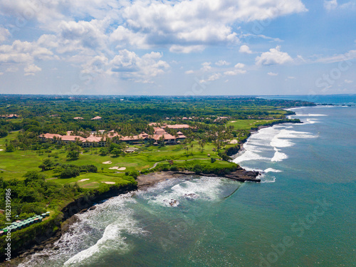 Beautiful aerial view of the sea landscape and golf field near Tanah lot temple  Bali island  Indonesia.